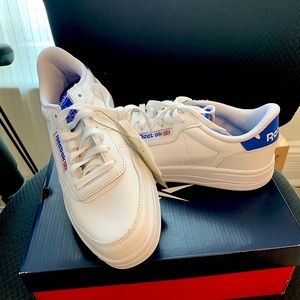 Brand new in box REEBOK unisex “court peak” tennis shoes white and royal blue